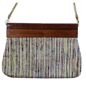 Saddle River Women Metallic Wood Handle Crossbody Purse Clutch Vintage 80s Boho